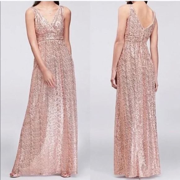 David's Bridal Dresses & Skirts - David's Bridal NWT Rose Gold Long Sequin V Neck Tank Dress Ven Style Sz 6